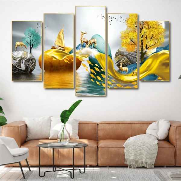 Bộ Tranh Treo Tường 5 Tấm Hươu Vàng May Mắn
