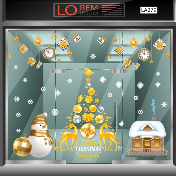 Combo decal trang trí noel Cây Thông Và Tuần Lộc Vàng