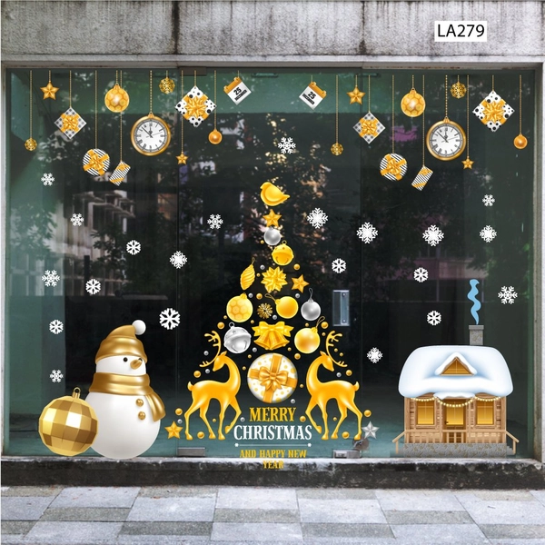 Combo decal trang trí noel Cây Thông Và Tuần Lộc Vàng