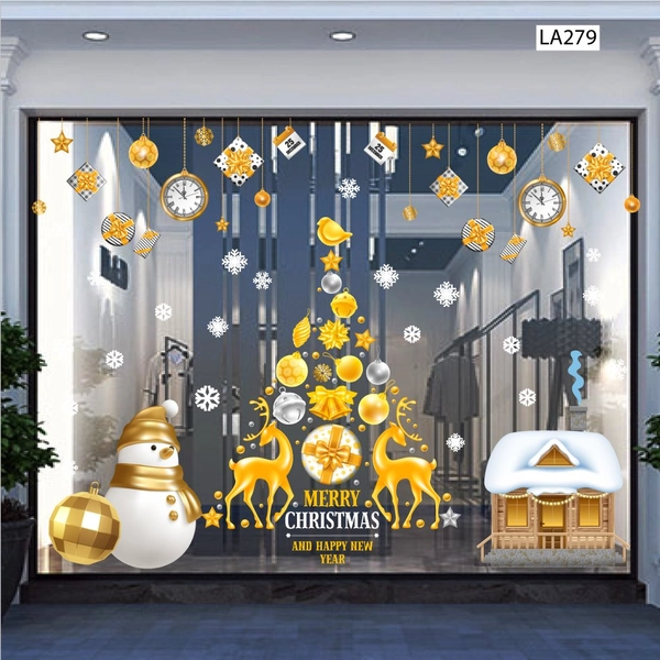 Combo decal trang trí noel Cây Thông Và Tuần Lộc Vàng