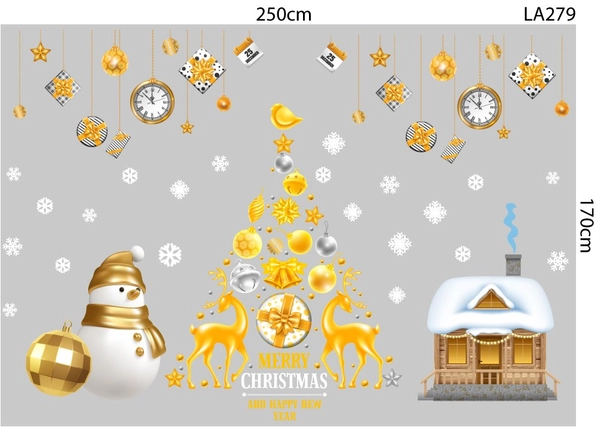Combo decal trang trí noel Cây Thông Và Tuần Lộc Vàng