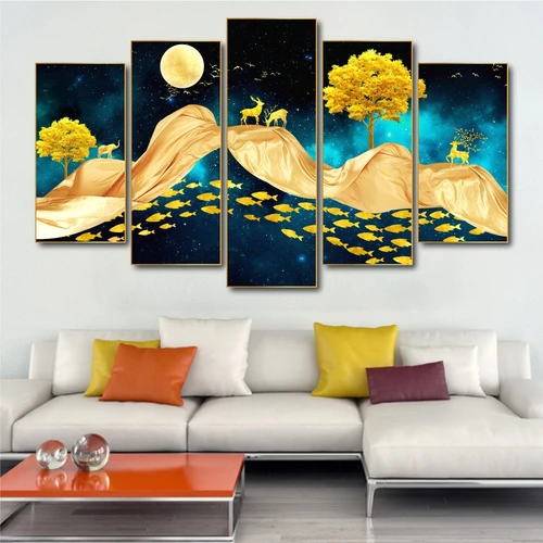 Tranh treo tường nai vàng và đàn cá nghệ thuật