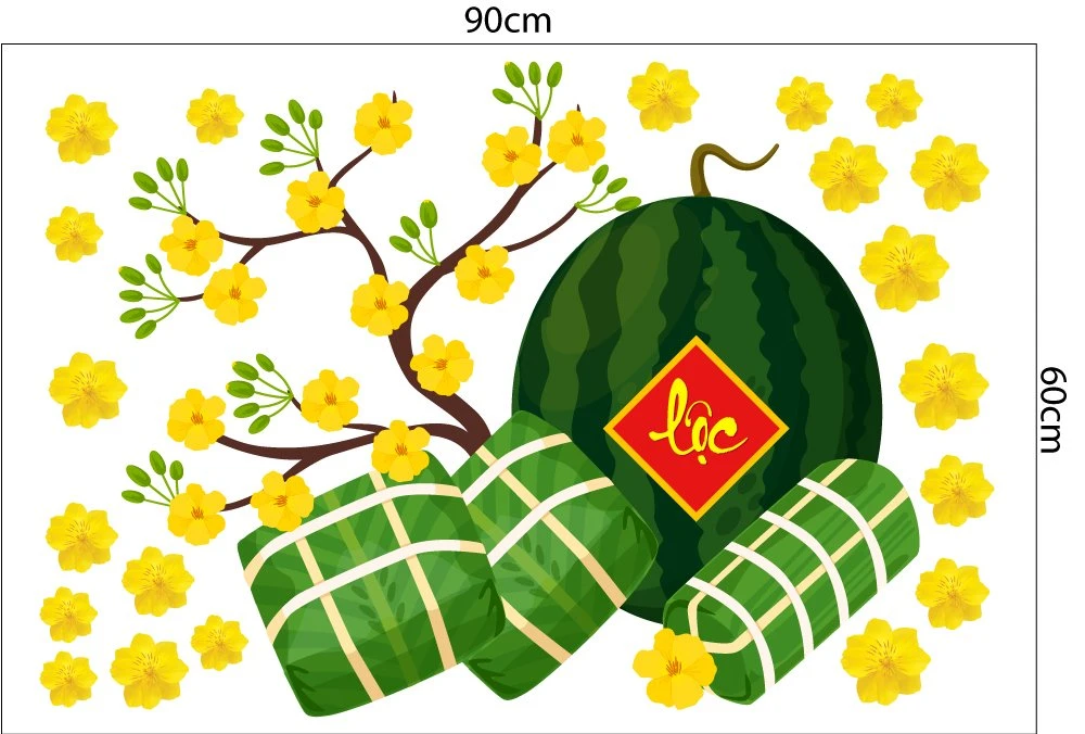 Decal trang trí tết Quý Mão Mai Vàng Và Dưa Hấu Đỏ