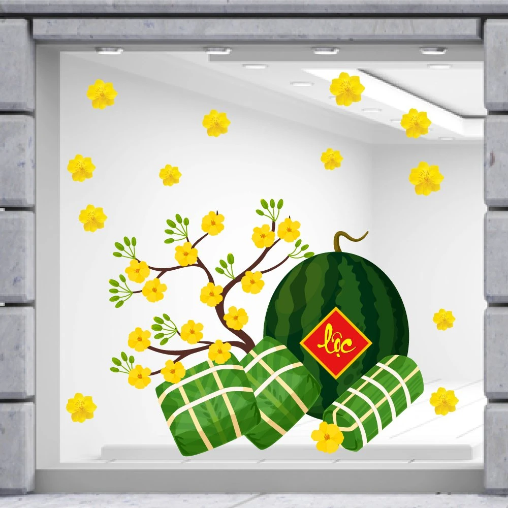 Decal trang trí tết Quý Mão Mai Vàng Và Dưa Hấu Đỏ