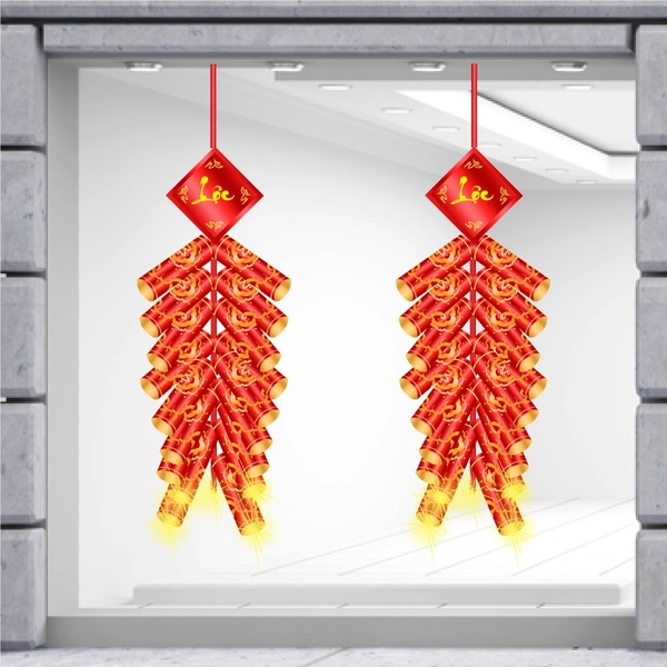 Decal Trang Trí Tết Quý Mão Pháo Đỏ May Mắn