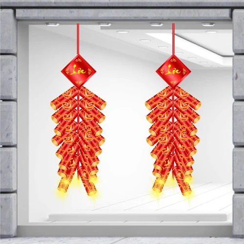 Decal Trang Trí Tết Quý Mão Pháo Đỏ May Mắn