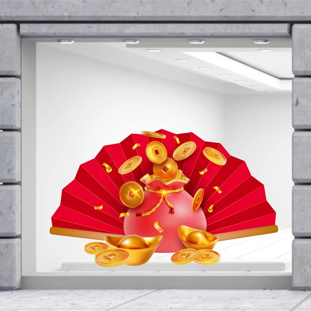 Decal Trang Trí Tết Quý Mão Quạt Như Ý Đỏ Tài Lộc