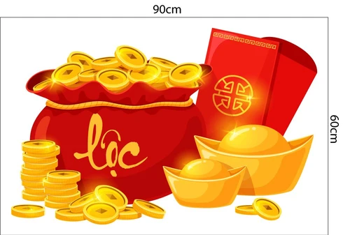 Decal Trang Trí Tết Quý Mão Túi Tiền Vàng Tài Lộc