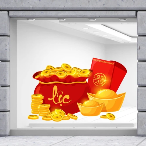 Decal Trang Trí Tết Quý Mão Túi Tiền Vàng Tài Lộc