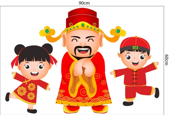 Decal Trang Trí Tết Quý Mão Thần Tài Và Bé Vui Chúc Tết