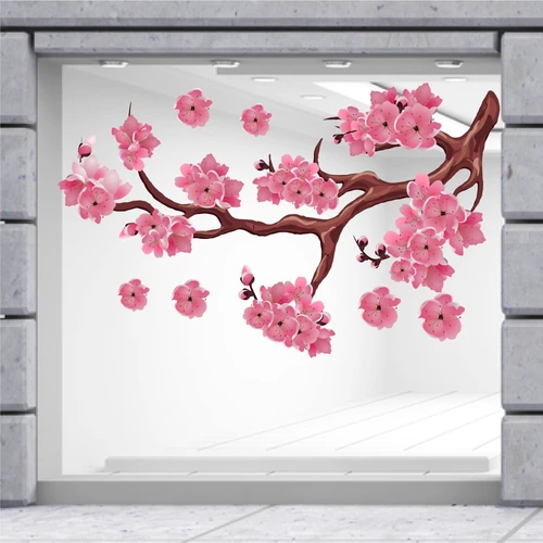 Decal Trang Trí Tết Quý Mão Cành Đào Hồng Khoe Sắc