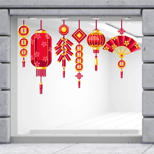 Decal Trang Trí Tết Quý Mão Lồng Đèn Đỏ Và Quạt Như Ý