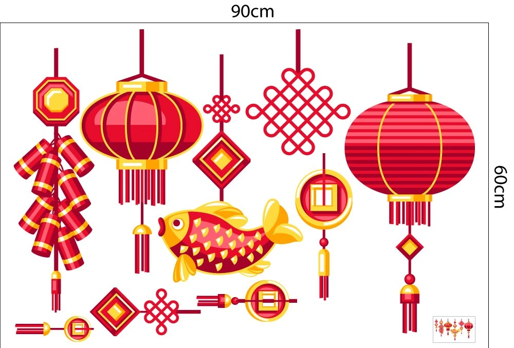 Decal Trang Trí Tết Quý Mão Lồng Đèn Và Cá Chép Đỏ May Mắn
