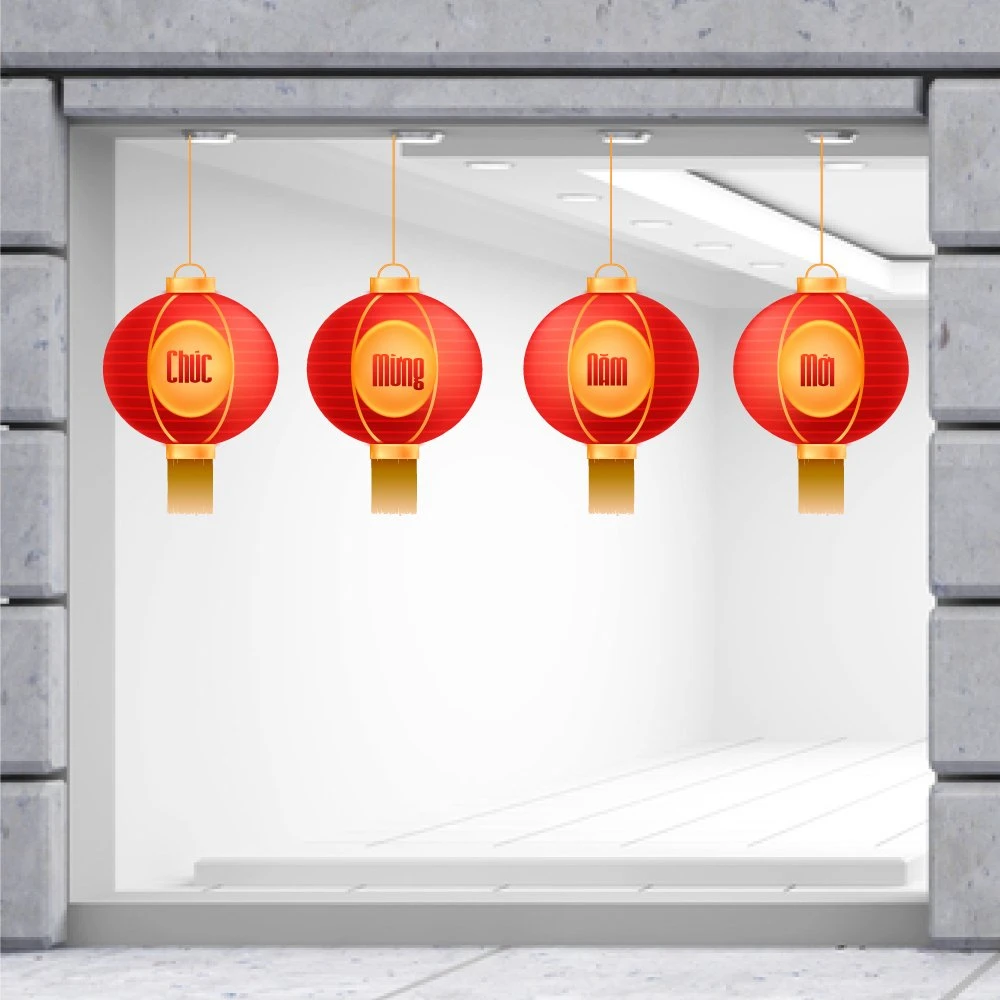 Decal Trang Trí Tết Quý Mão Lồng Đèn Chúc Mừng Năm Mới