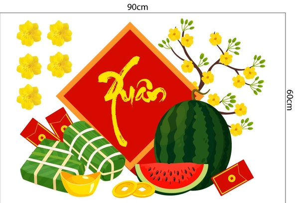 Decal Trang Trí Tết Bánh Chưng Xanh Bên Dưa Hấu Đỏ