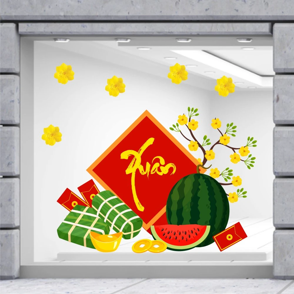 Decal Trang Trí Tết Quý Mão Bánh Chưng Xanh Bên Dưa Hấu Đỏ