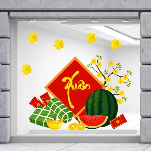 Decal Trang Trí Tết Quý Mão Bánh Chưng Xanh Bên Dưa Hấu Đỏ