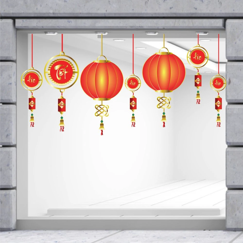 Decal Trang Trí Tết Quý Mão Lồng Đèn Đỏ Mừng Xuân Mẫu 2