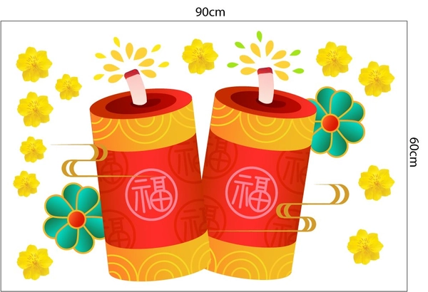Decal Trang Trí Tết Quý Mão Pháo Đỏ Mừng Xuân