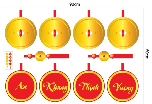 Decal Trang Trí Tết Đồng Tiền Vàng Và Câu Đối An Khang Thịnh Vượng