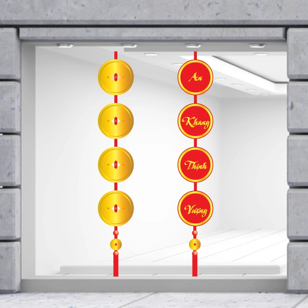 Decal Trang Trí Tết Đồng Tiền Vàng Và Câu Đối An Khang Thịnh Vượng