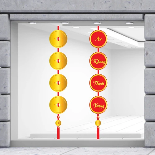 Decal Trang Trí Tết Đồng Tiền Vàng Và Câu Đối An Khang Thịnh Vượng