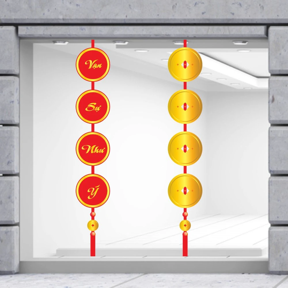 Decal Trang Trí Tết Đồng Tiền Vàng Và Câu Đối Vạn Sự Như Ý