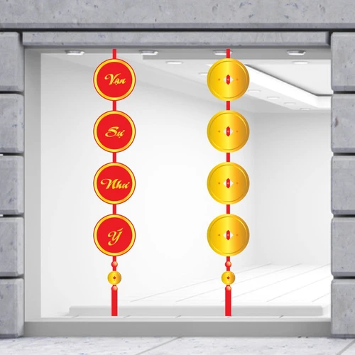 Decal Trang Trí Tết Đồng Tiền Vàng Và Câu Đối Vạn Sự Như Ý