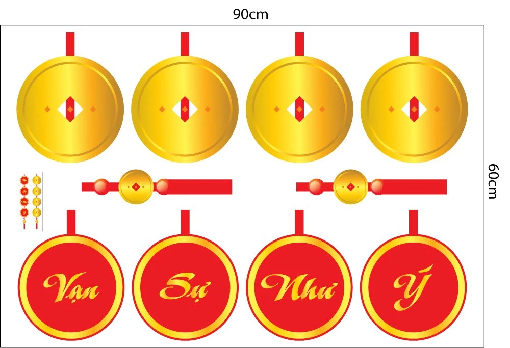 Decal Trang Trí Tết Đồng Tiền Vàng Và Câu Đối Vạn Sự Như Ý