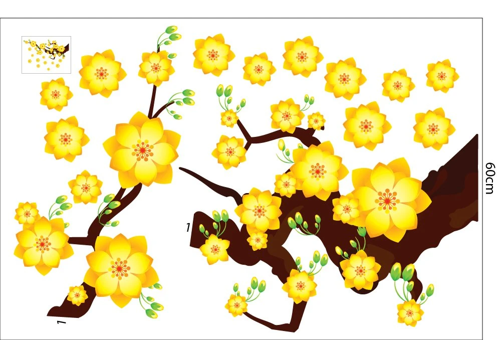 Decal Trang Trí Tết Quý Mão Mai Vàng Nở Rộ