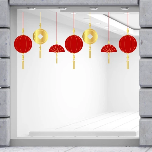 Decal Trang Trí Tết Quý Mão Lồng Đèn Đỏ Và Đồng Tiền May Mắn