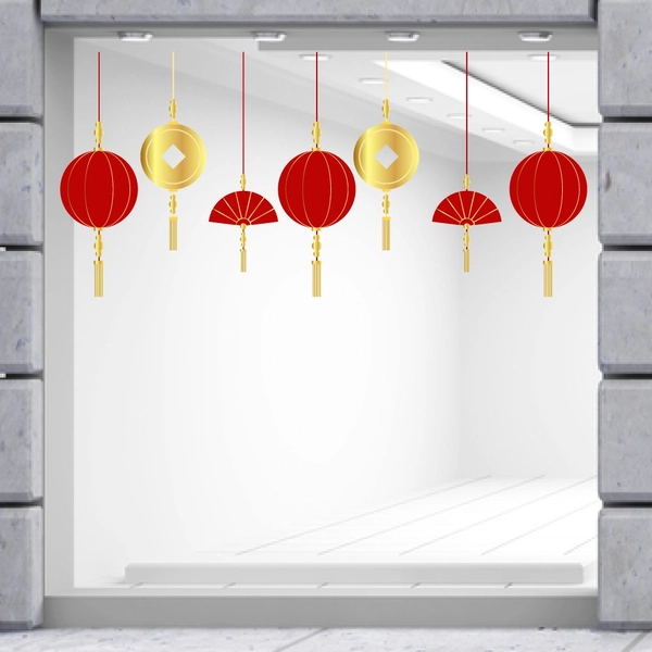 Decal Trang Trí Tết Quý Mão Lồng Đèn Đỏ Và Đồng Tiền May Mắn