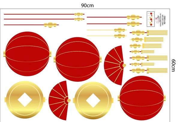 Decal Trang Trí Tết Quý Mão Lồng Đèn Đỏ Và Đồng Tiền May Mắn