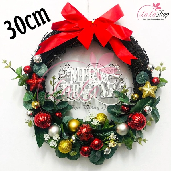 Vòng nguyệt quế sắc màu kèm nơ đỏ trang trí noel Tặng kèm đèn LED