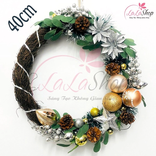 Vòng nguyệt quế hoa bạc cùng các loại châu trang trí noel Tặng kèm đèn LED