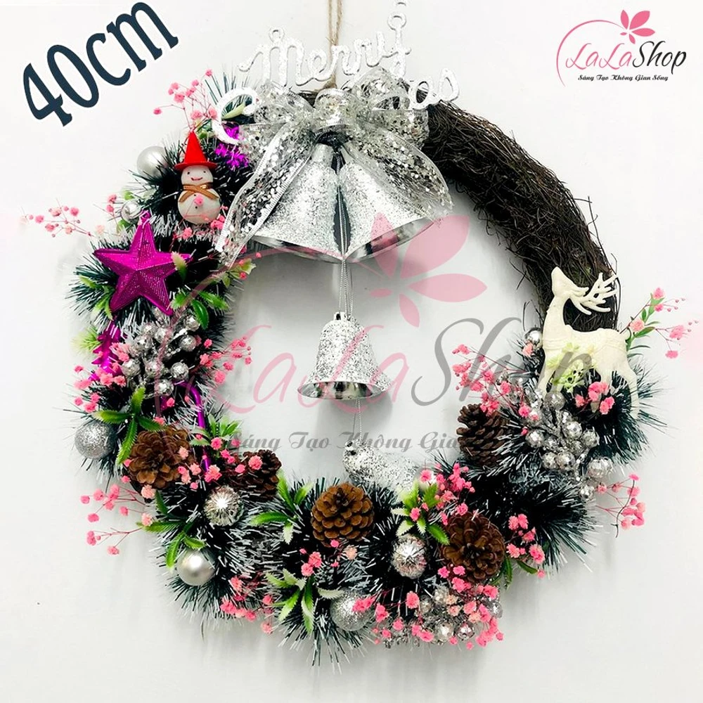 Vòng nguyệt quế hoa hồng kèm chuông đôi lớn trang trí noel