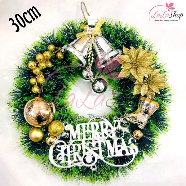 Vòng nguyệt quế sắc xanh hoa vàng trang trí noel