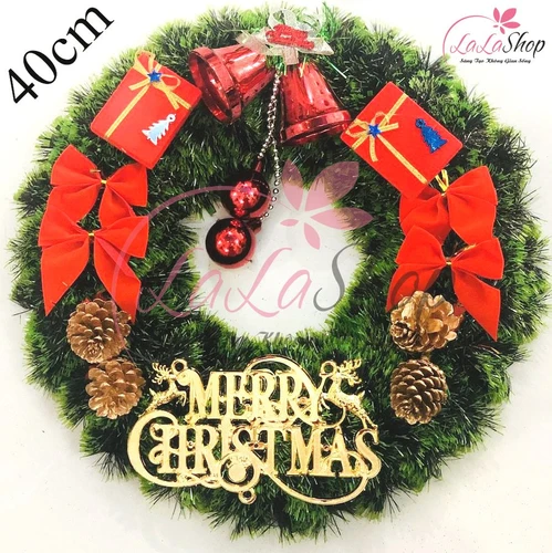 Vòng nguyệt quế trang trí noel nơ và hộp quà đỏ