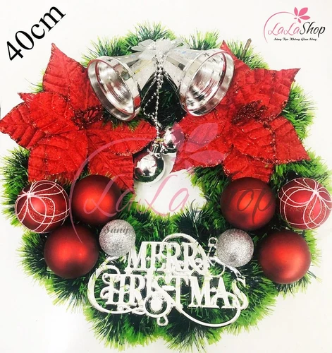 Vòng Nguyệt Quế Trang Trí Noel Chuông bạc và hoa đỏ