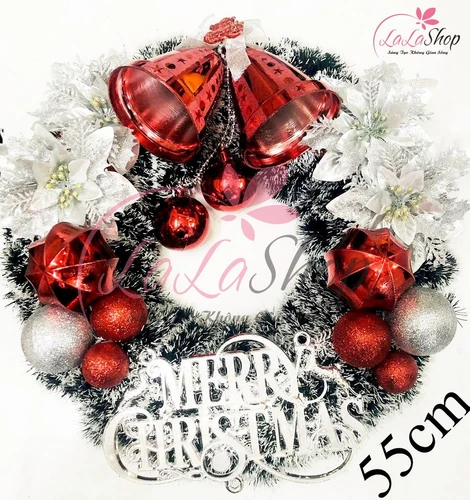 Vòng nguyệt quế trang trí noel phủ tuyết chuông đỏ