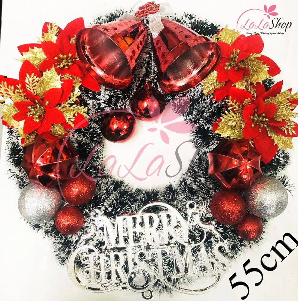 Vòng nguyệt quế trang trí noel phủ tuyết chuông đỏ và sắc vàng