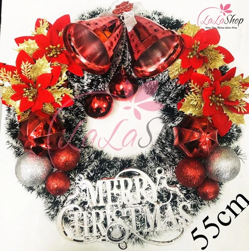 Vòng nguyệt quế trang trí noel phủ tuyết chuông đỏ và sắc vàng