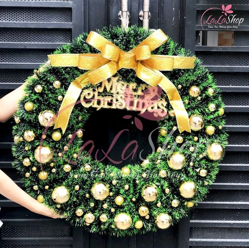 Vòng nguyệt quế Merry Christmas 65cm nhiều quả châu sắc vàng trang trí noel