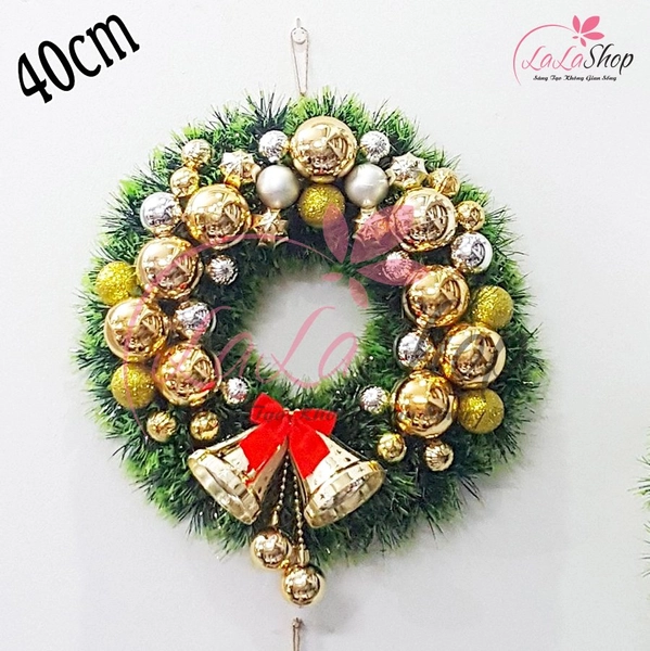 Vòng nguyệt quế trang trí noel chuông đôi và nơ đỏ Tặng kèm đèn LED