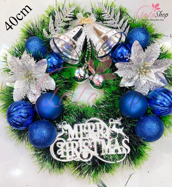 Vòng nguyệt quế trang trí noel châu xanh và chuông bạc