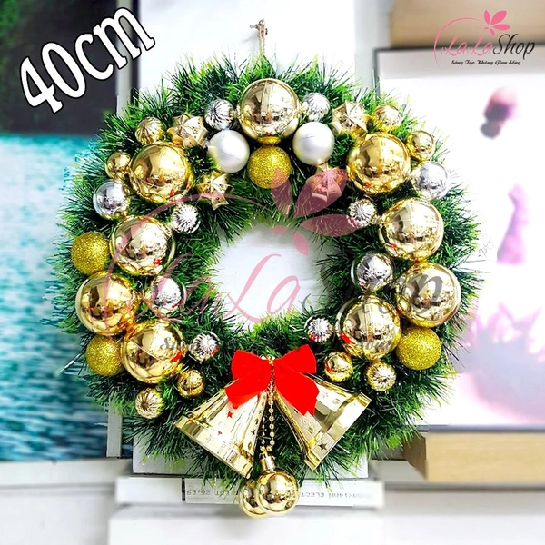 Vòng nguyệt quế trang trí noel chuông đôi và nơ đỏ Tặng kèm đèn LED