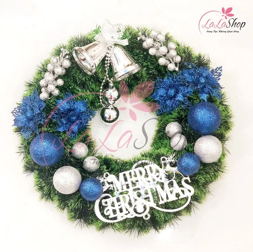 Vòng nguyệt quế trang trí noel merry christmas và chuông bạc