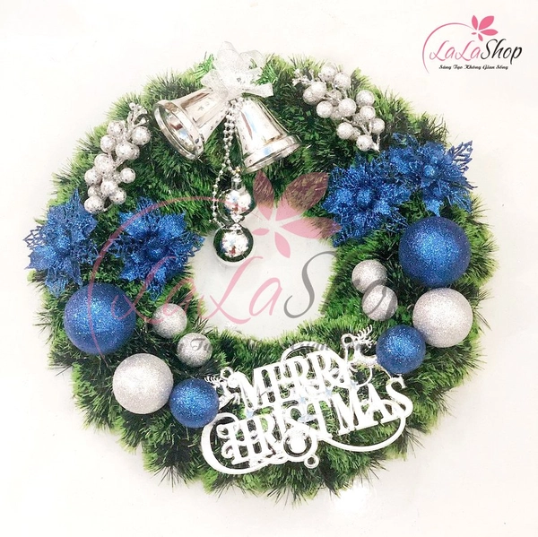 Vòng nguyệt quế trang trí noel merry christmas và chuông bạc