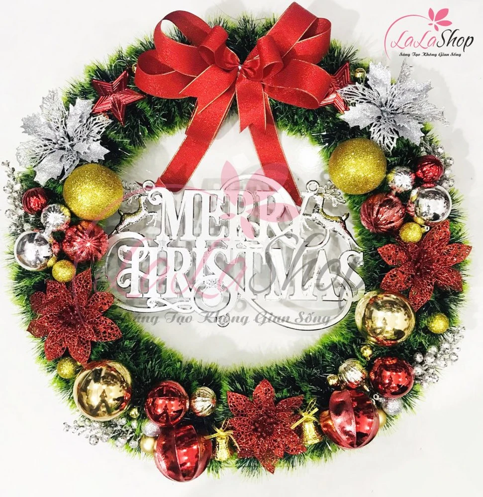 Vòng Nguyệt Quế Trang Trí Noel Nơ Đỏ Lớn Kèm Chữ Merry Christmas 27 - 65cm