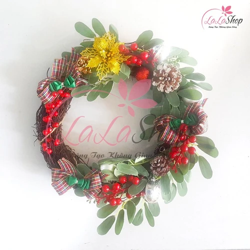 Vòng nguyệt quế trang trí noel cherry quả thông và hoa trạng nguyên size 30cm